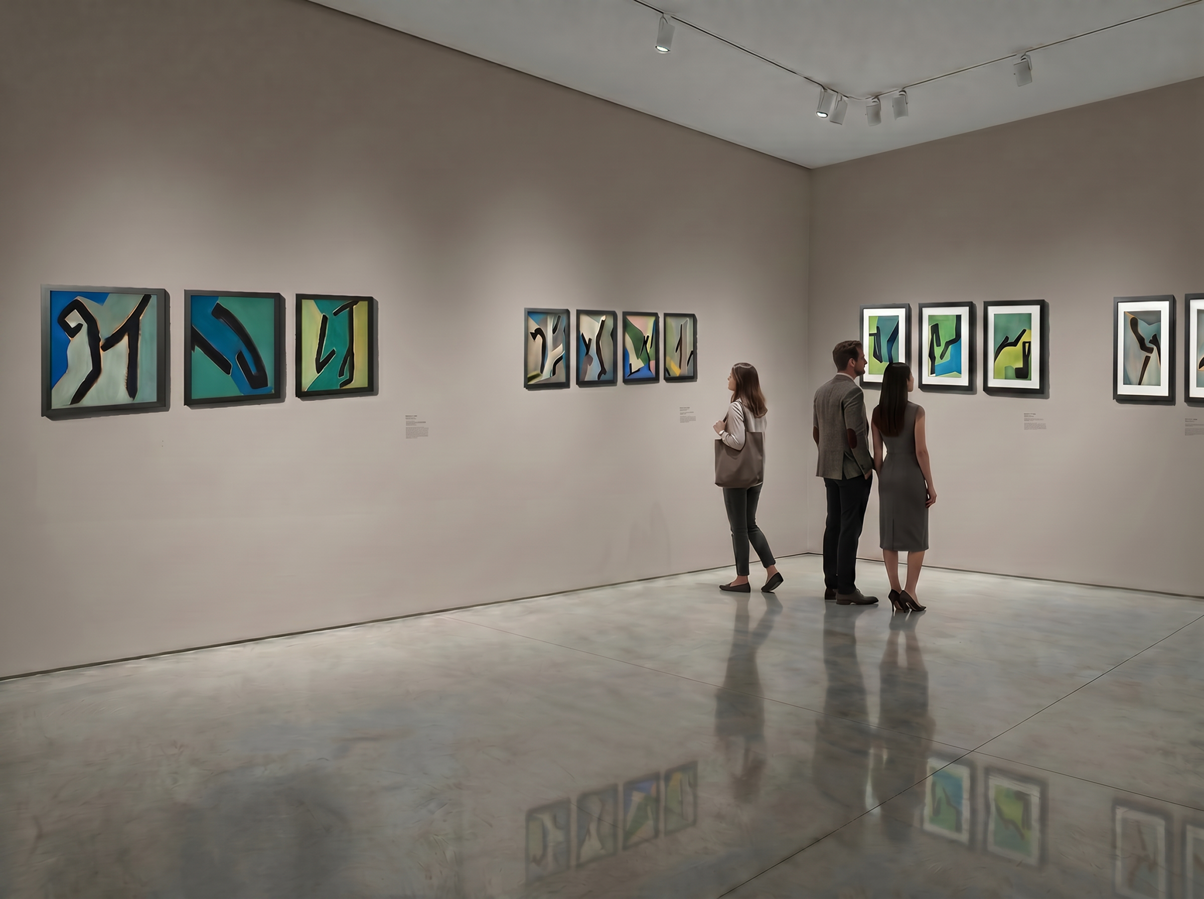 Une salle d'exposition d'art moderne avec plusieurs œuvres encadrées aux couleurs vives, où trois personnes regardent les tableaux.