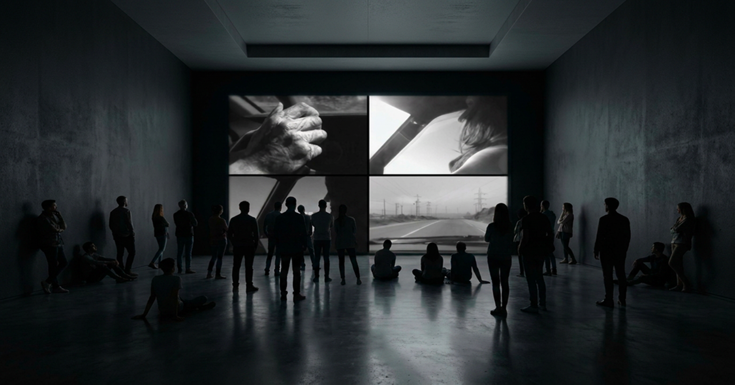 Une salle d'exposition sombre avec un groupe de personnes regardant une grande vidéo à l'écran montrant une main âgée et une route à l'extérieur.