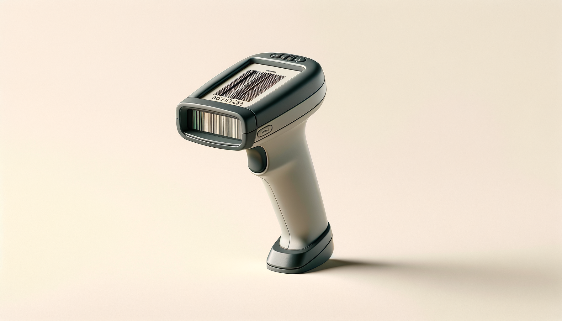 A handheld barcode scanner with a barcode displayed on its screen, isolated on a plain beige background.