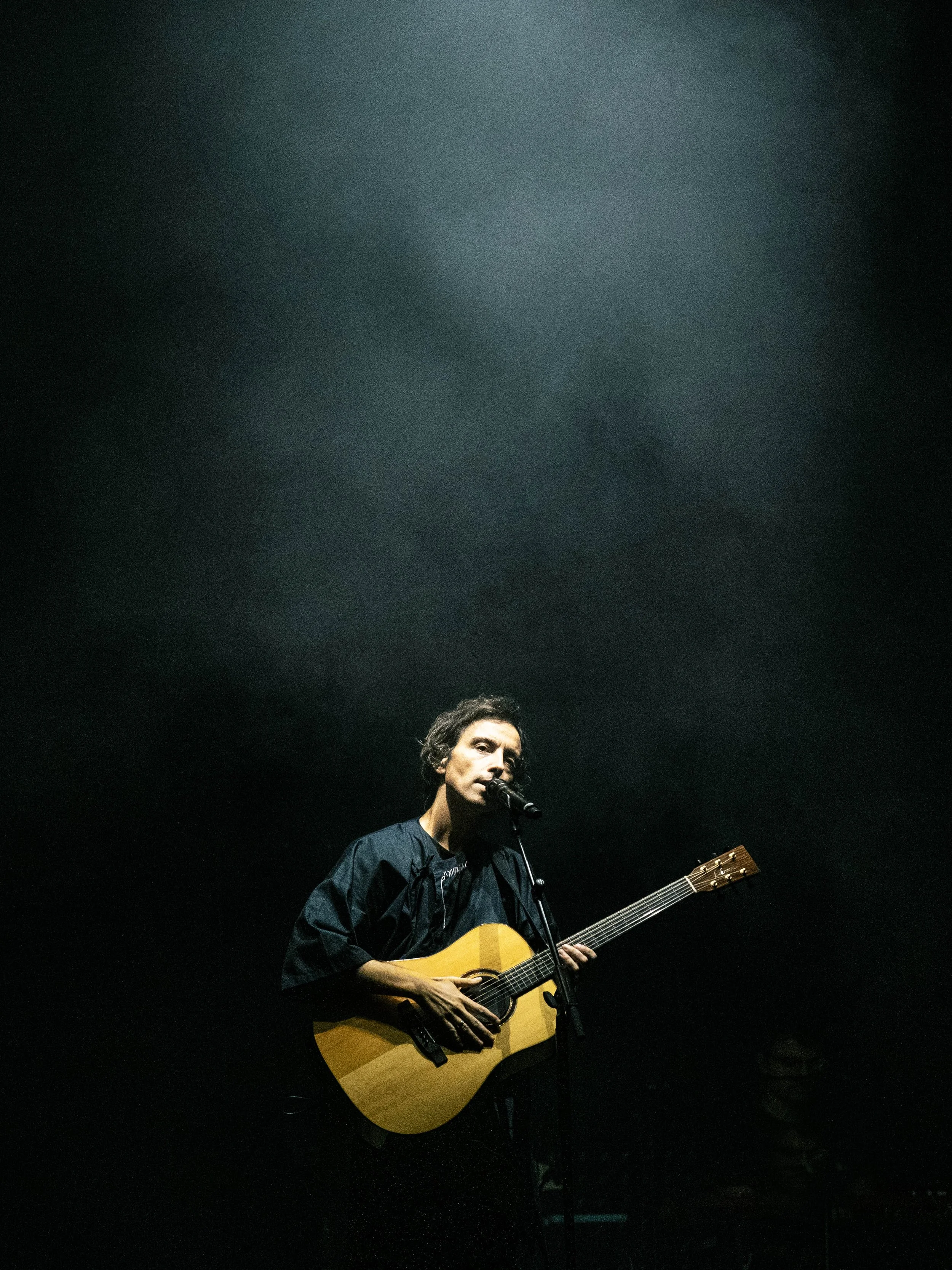 Un uomo che suona la chitarra e canta in un microfono, in un'illuminazione scura.