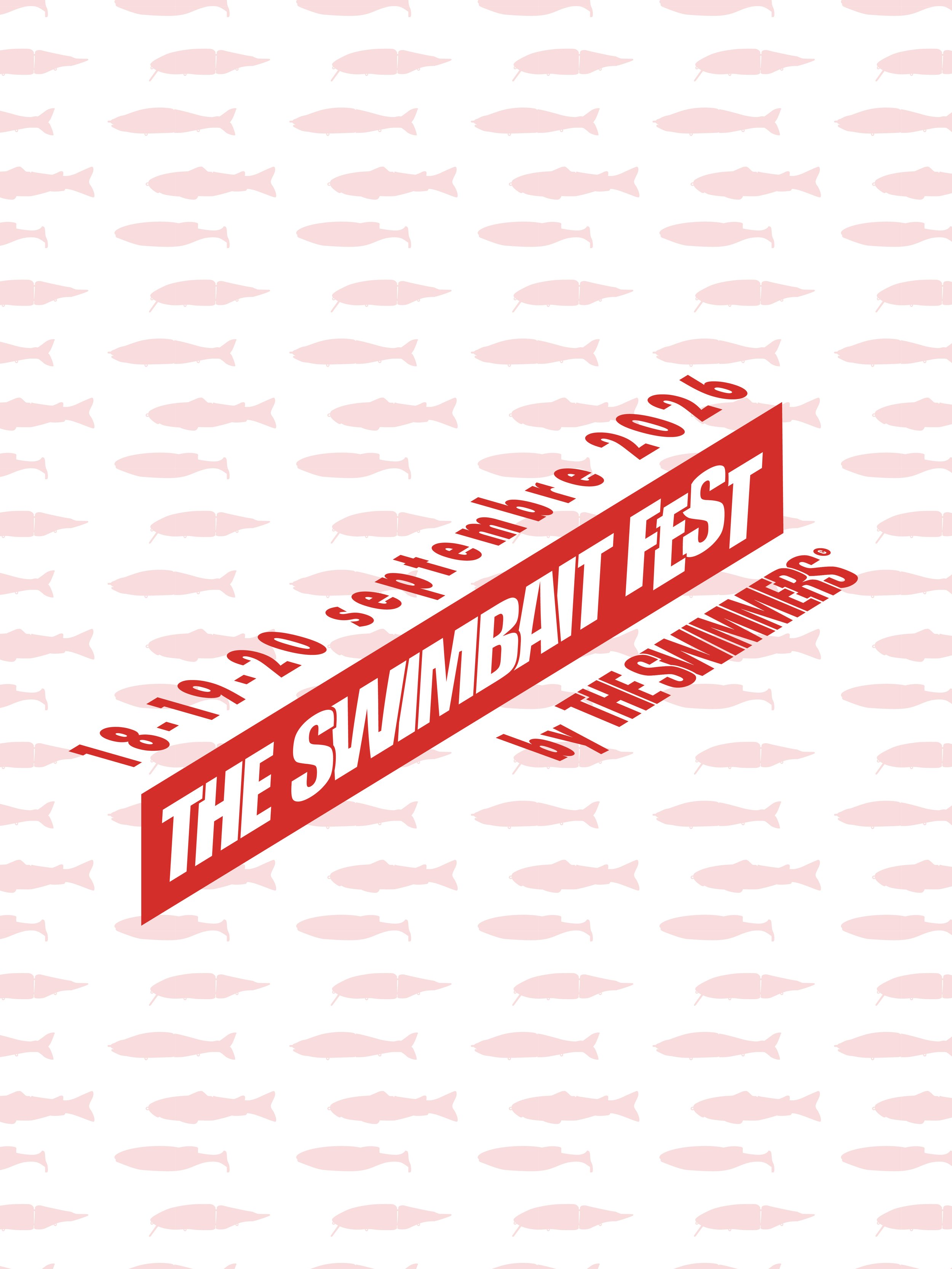 Un motif de poissons roses sur un fond blanc, avec du texte en rouge et blanc indiquant 'The Swimboree 2016' et les dates de l'événement.