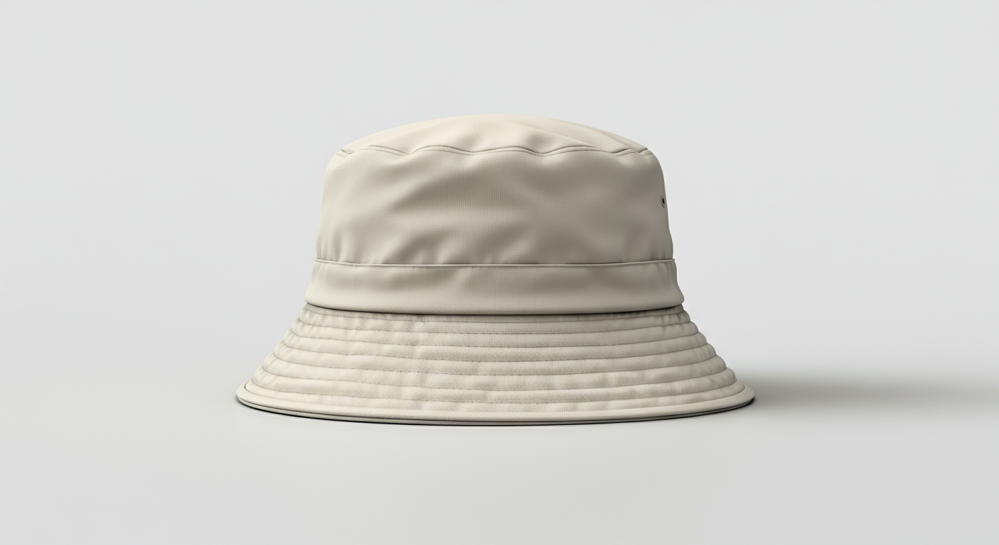 A beige bucket hat with a wide brim, placed on a plain light gray background.