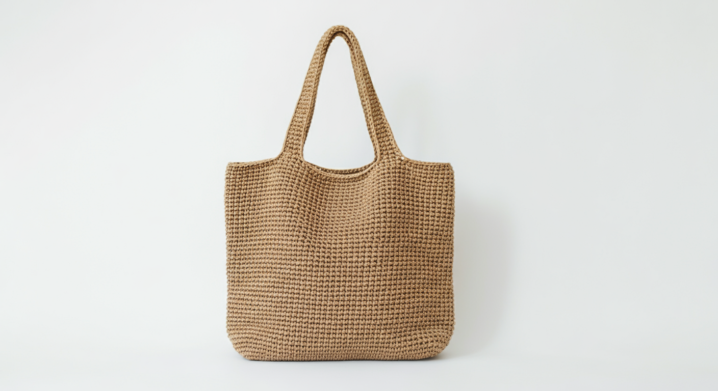 Brown woven tote bag hanging against a white background.