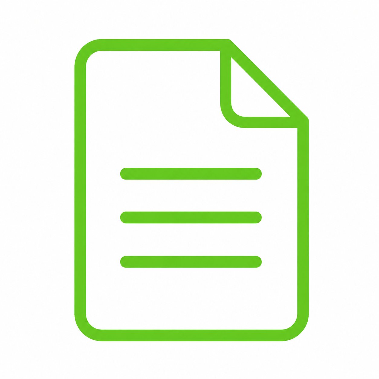 Green outline icon of a document with horizontal lines representing text.