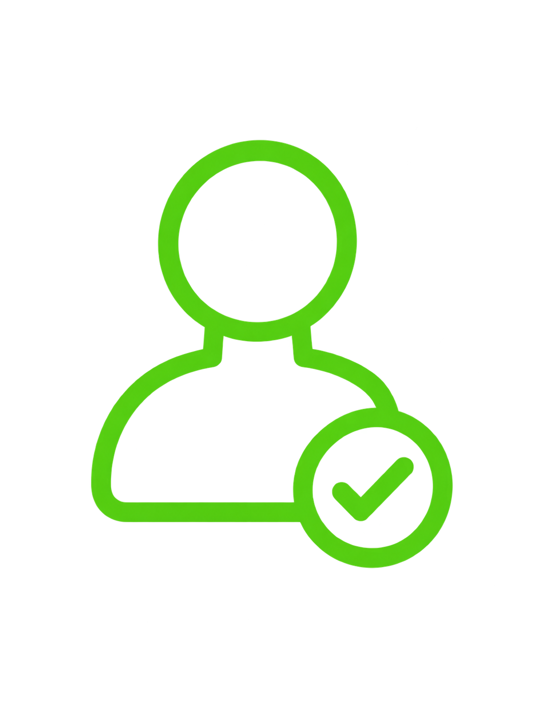 Green outline icon of a person with a check mark in a circle indicating verified user status.