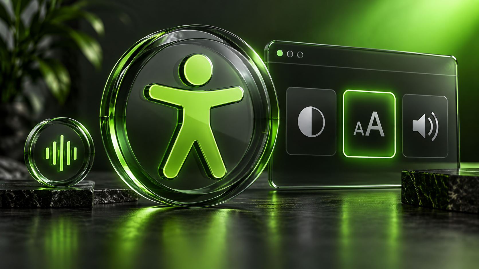 Accessibility symbol beside interface controls for contrast, text and audio.
