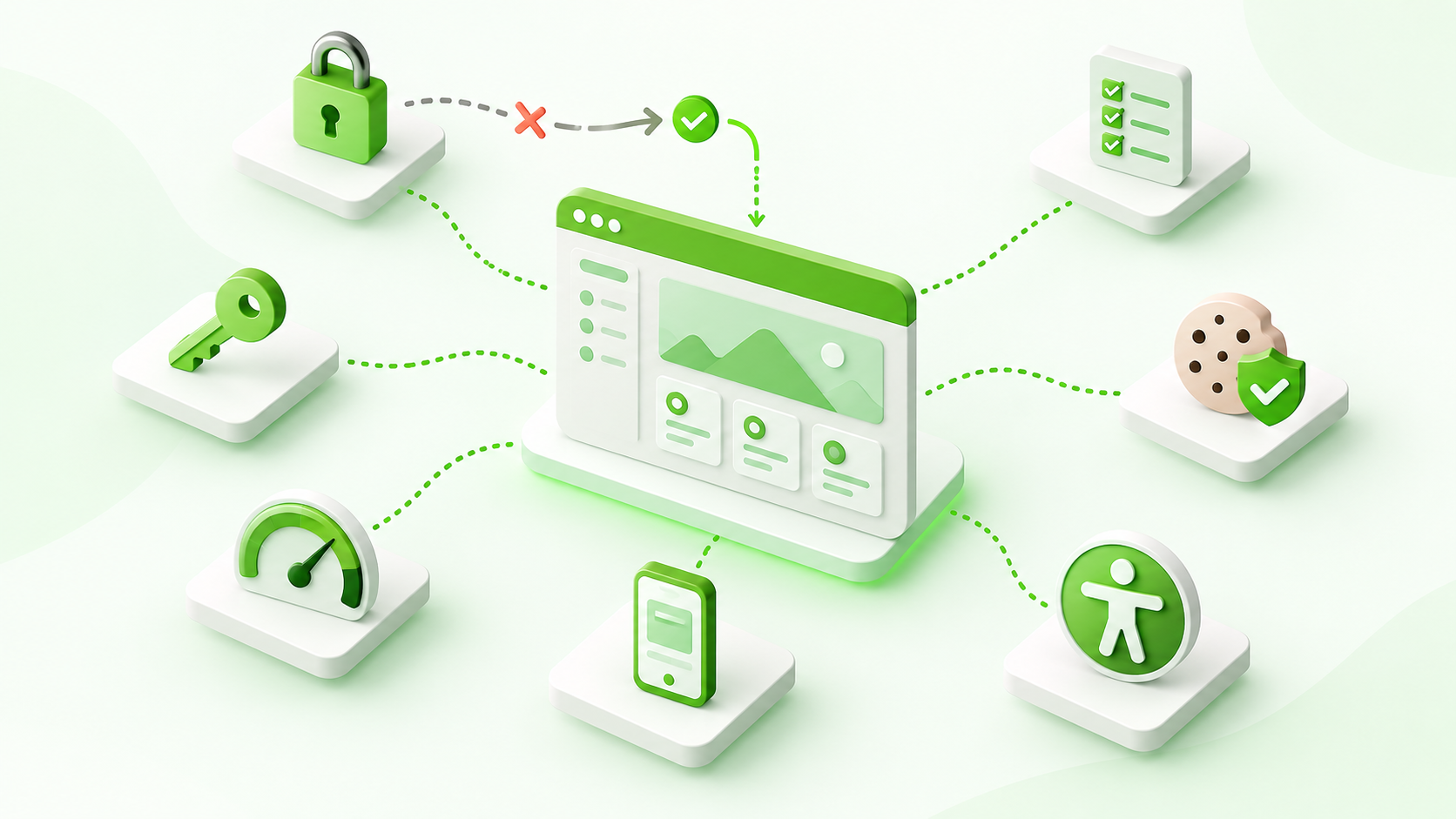 A customer portal connected to symbols for access, login, speed, mobile, accessibility, consent and release checks.