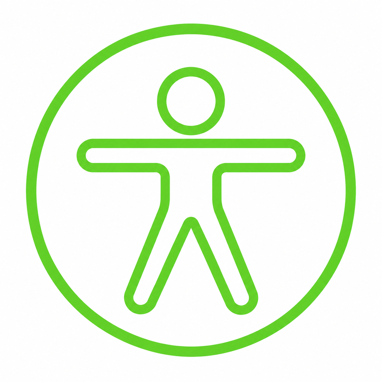Green outline of a person with arms outstretched inside a circle, resembling a human figure or icon.