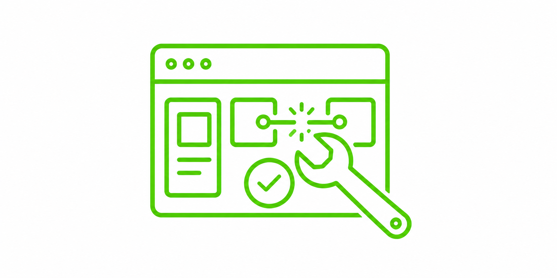 Green outline icon of a web browser window with a wrench, a checkmark, and a clock, indicating settings or maintenance.