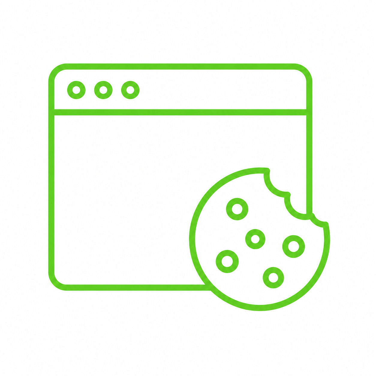 Green outline of a web browser window with a partially eaten cookie in front.