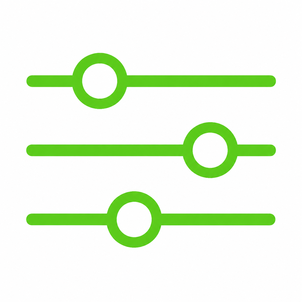 Three horizontal green sliders with circular control knobs set at different levels.