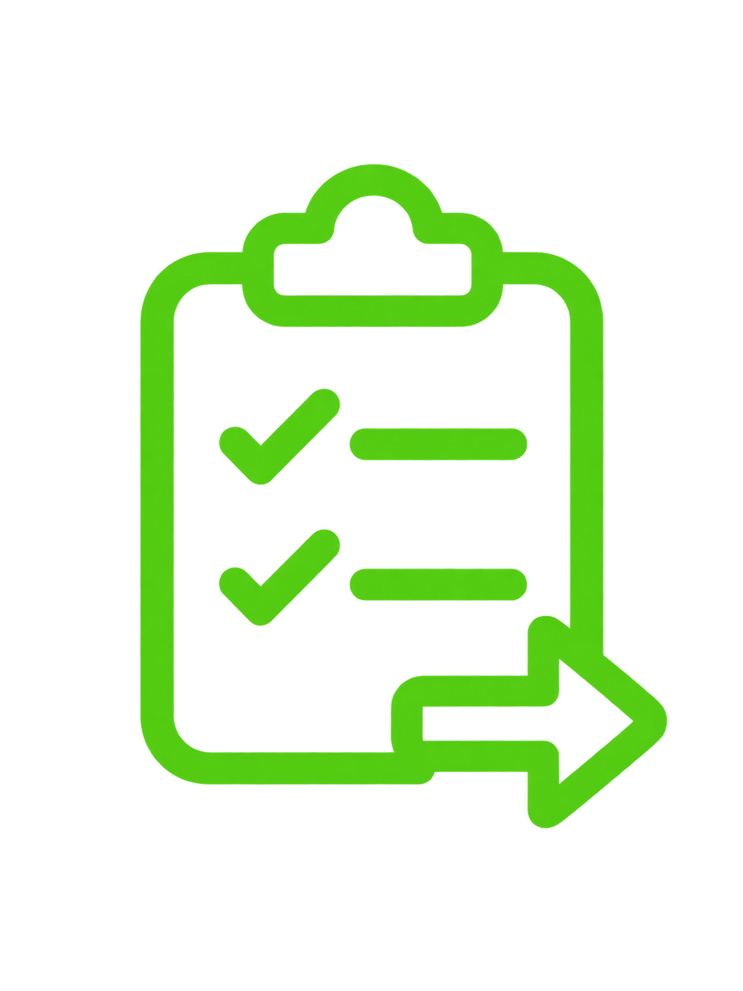 A green icon of a clipboard with checkmarks and a right-pointing arrow.