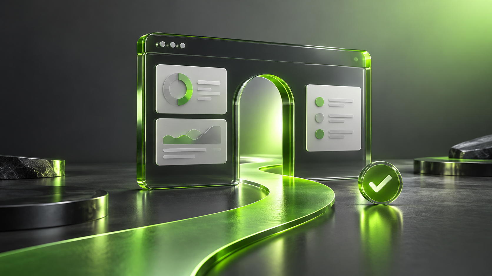 A green pathway leading into a customer portal with a completed launch check.