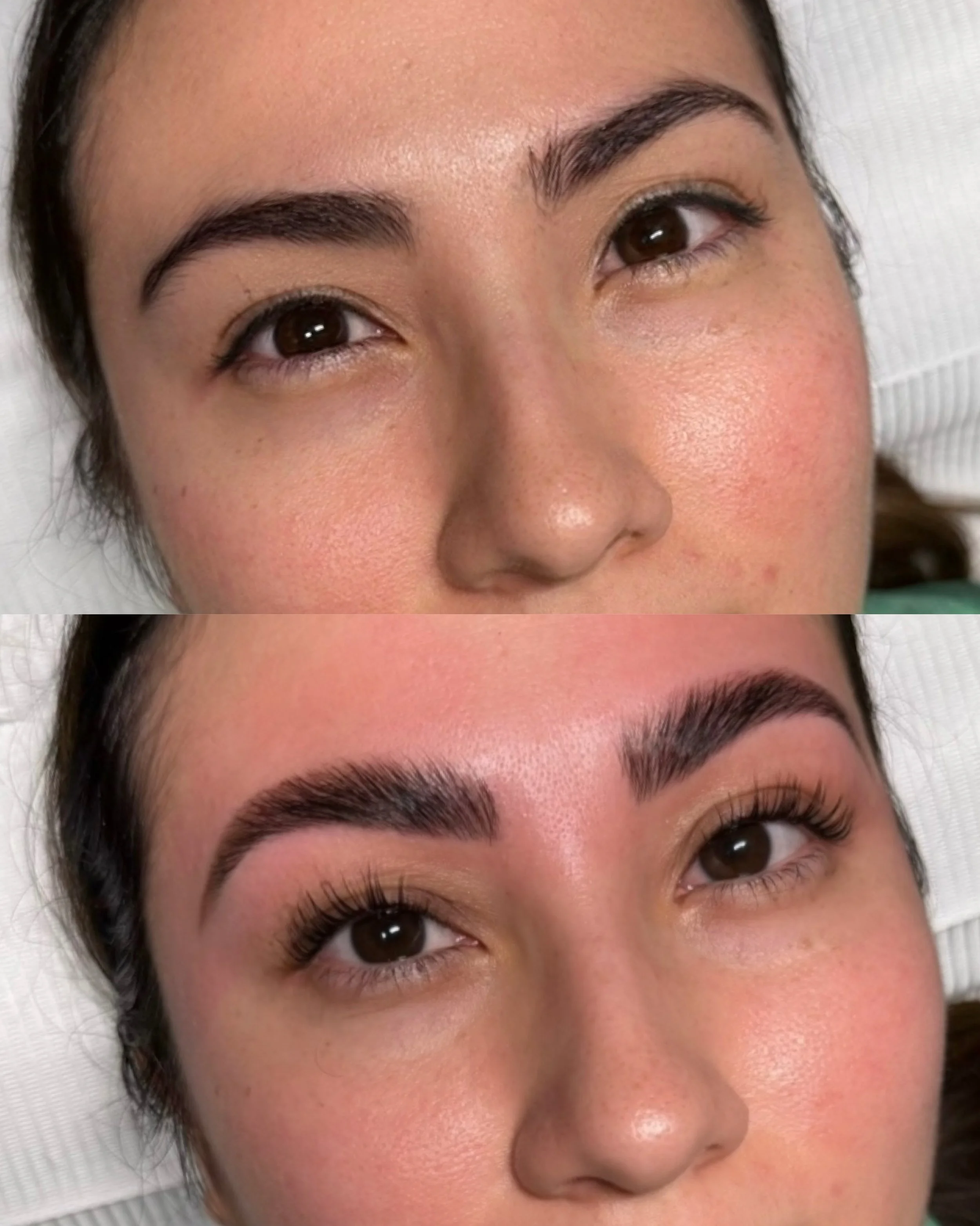 A close-up of a woman's face showing her eyes, eyebrows, and the bridge of her nose. She has dark brown eyes, well-shaped eyebrows, and smooth skin.