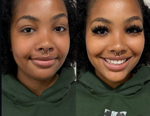 Comparison of a woman with minimal makeup on the left and wearing bold makeup with dramatic eyelashes on the right, both with a green hoodie and a septum piercing.