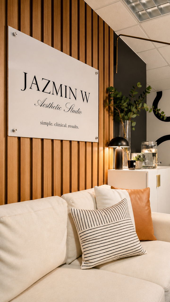Interior of a modern aesthetic studio office space with a beige sofa, decorative pillows, a wooden wall with a sign reading "JAZMIN W Aesthetic Studio," and a white cabinet with a black vase, plants, a lamp, and a glass container.