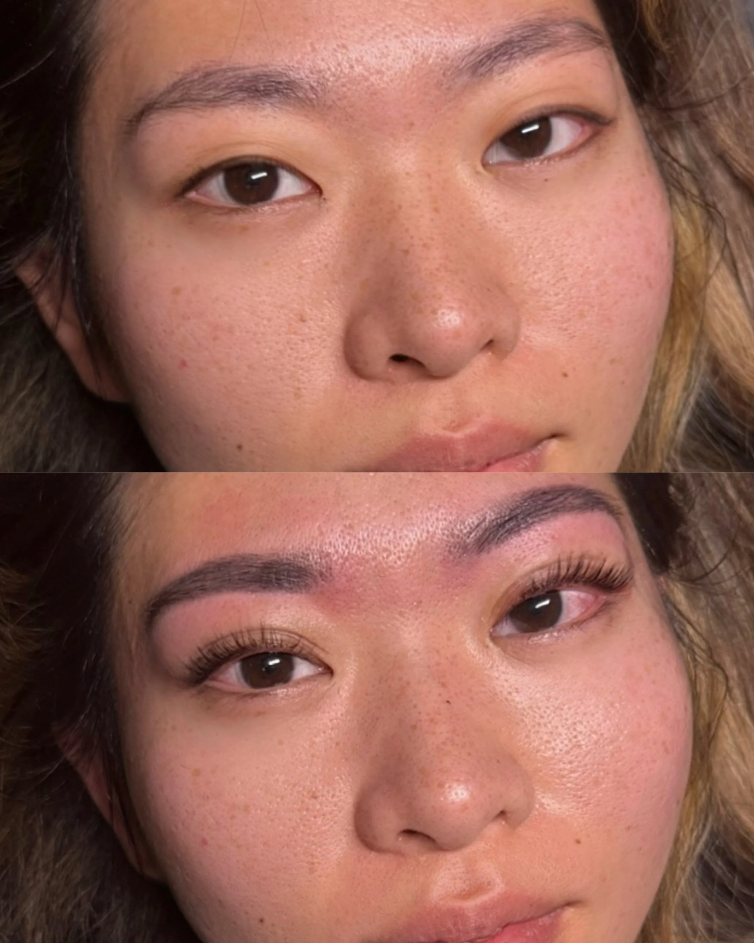 Close-up of a woman's face showing her eyes, nose, and part of her cheeks with natural skin freckles and clear complexion.