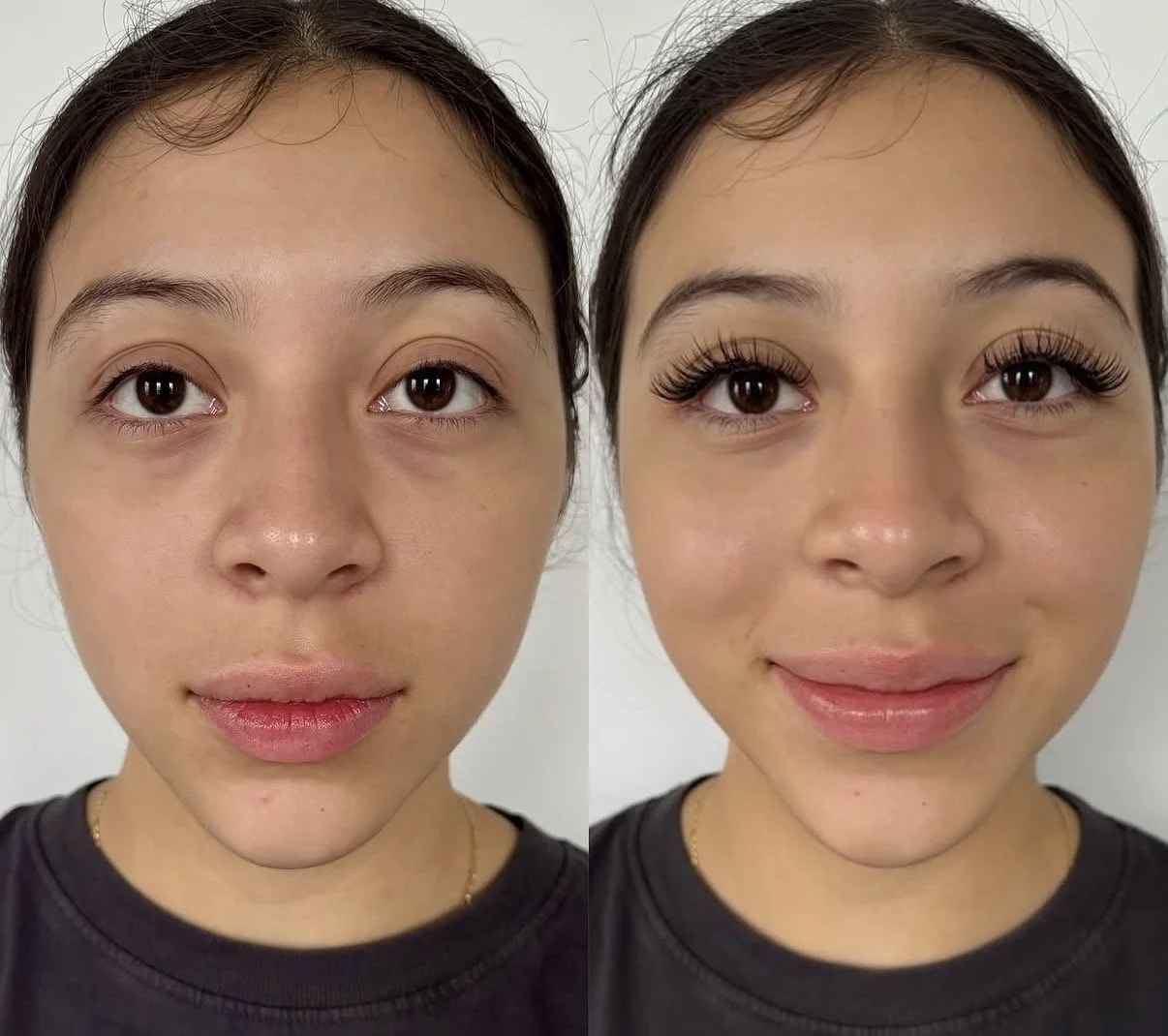 Side-by-side comparison of a woman with natural makeup on the left and wearing false eyelashes and lip gloss on the right.