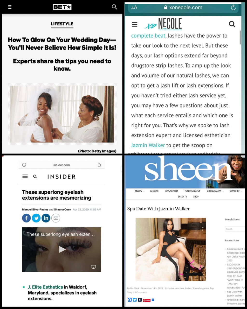 Four screenshots of articles about eyelash extensions featuring Jazmin Walker, including a wedding photo, a beauty article, a review of eyelash extensions, and an interview with Jazmin Walker.