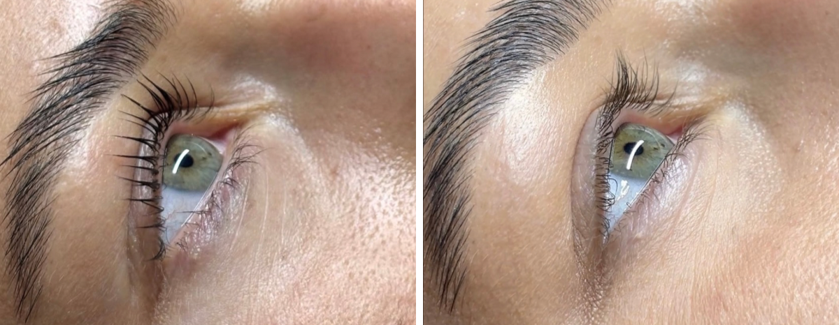 Close-up of a person's eye before and after eyelash lifting or curling, showing longer and more lifted eyelashes on the right.