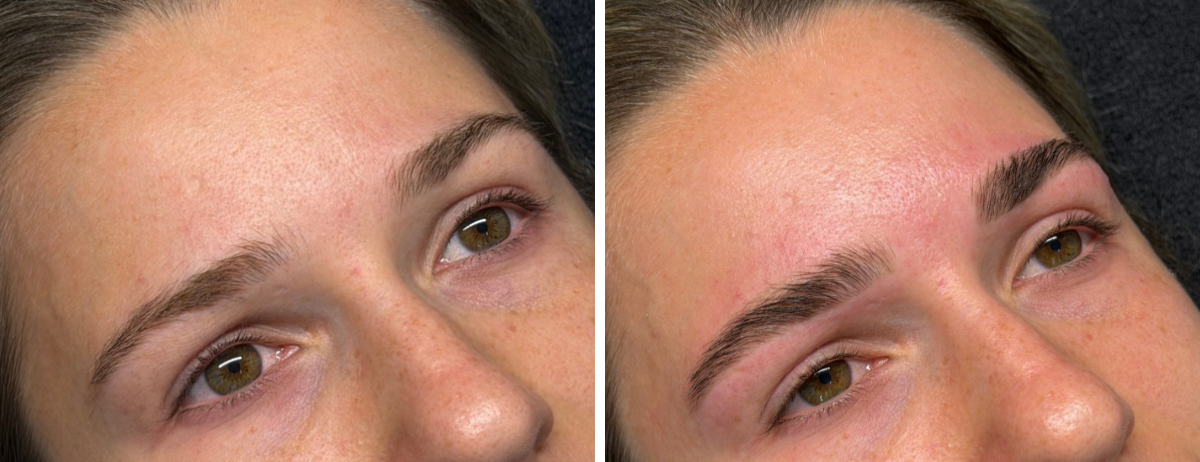 Close-up of a woman's face showing a before and after comparison of eyebrow grooming or makeup application, with the right side showing more defined eyebrows.