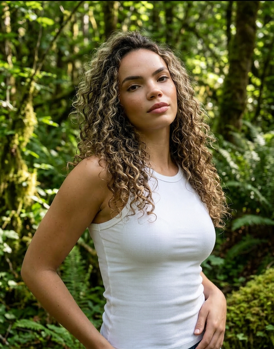 Young woman with curly hair in a white tank top standing in a lush green forest.