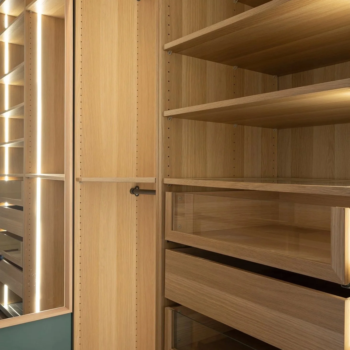 Empty wooden shelves and display case in a store or library