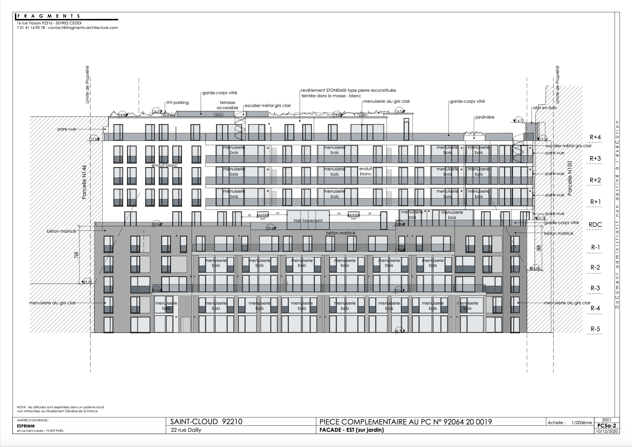 Architectural blueprint of a building facade, showing multiple floors with balconies, windows, and garage doors, including technical specifications and measurements.