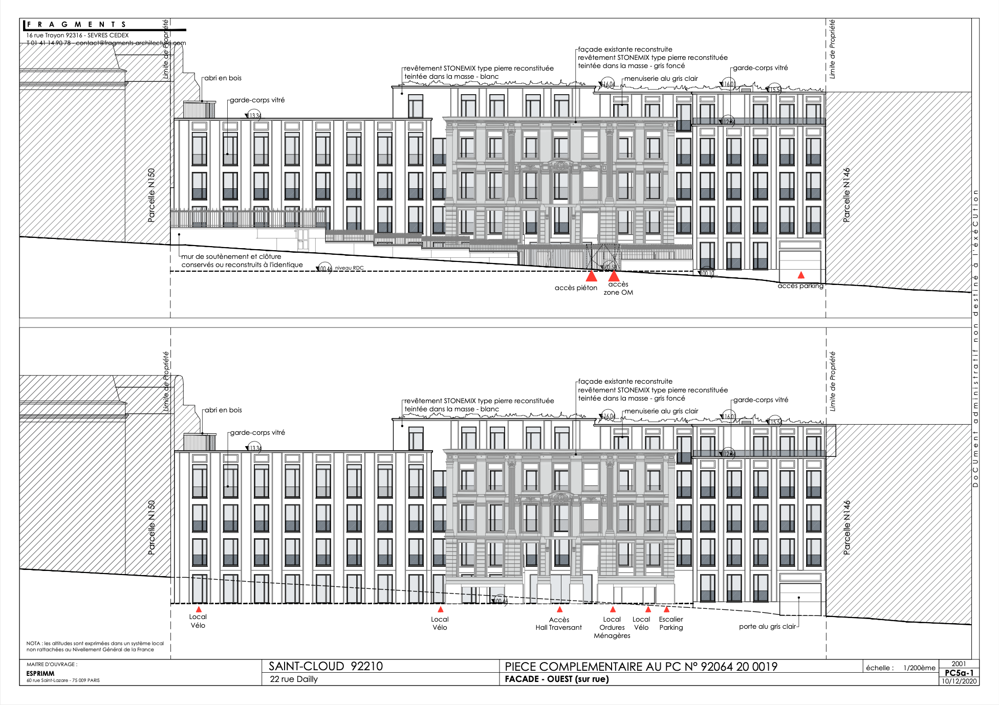 Architectural blueprint of a building facade with detailed annotations and measurements in French, showing elevations and access points.