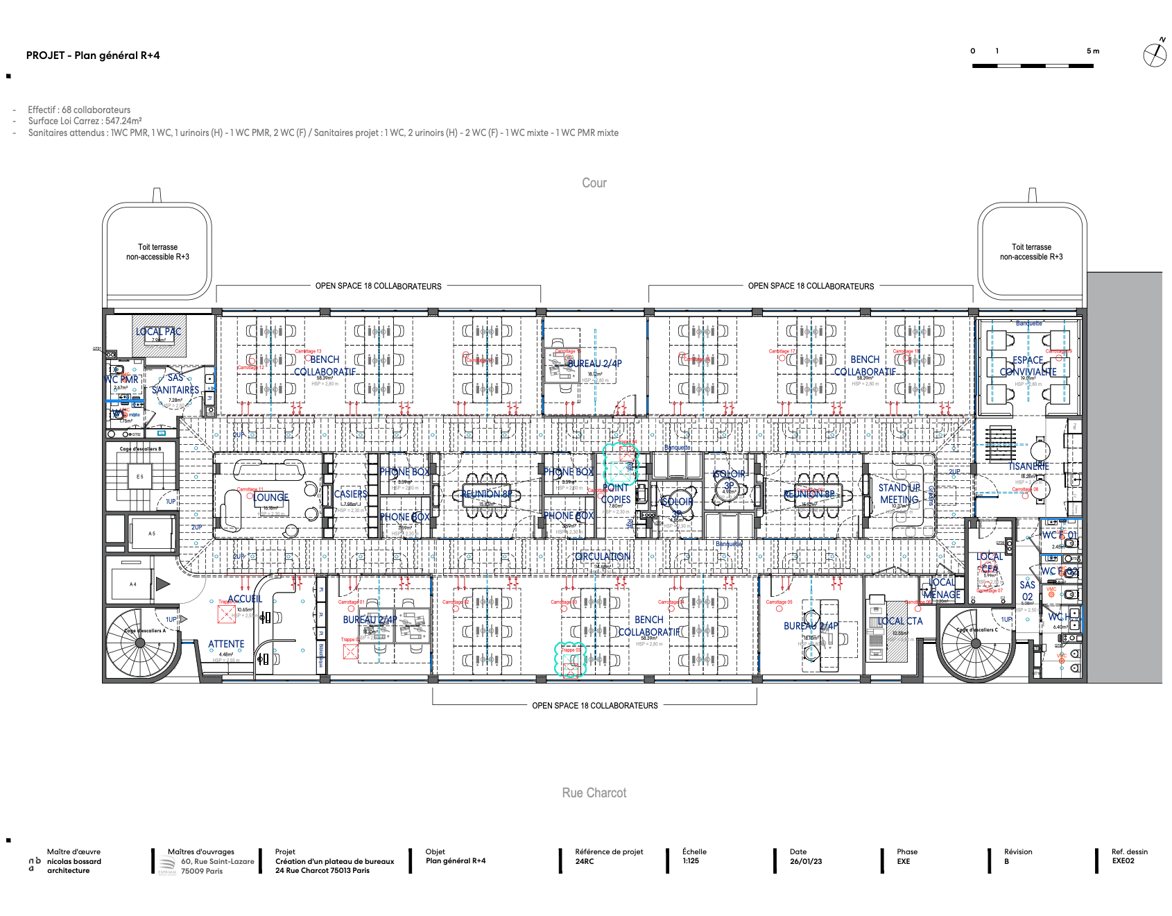 Architectural floor plan of an office building, showing workspace areas, meeting rooms, restrooms, staircases, and office furniture layout.