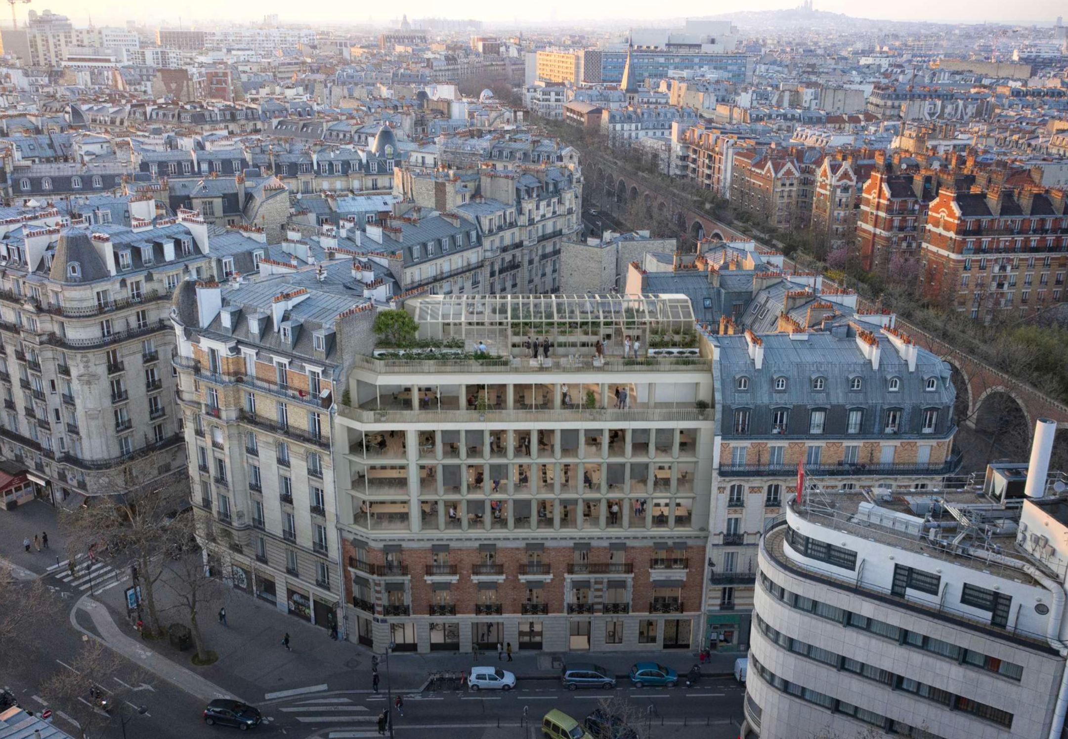 A cityscape with multiple residential and commercial buildings, including a high-rise with a rooftop garden, and streets with pedestrians and parked cars in the foreground.