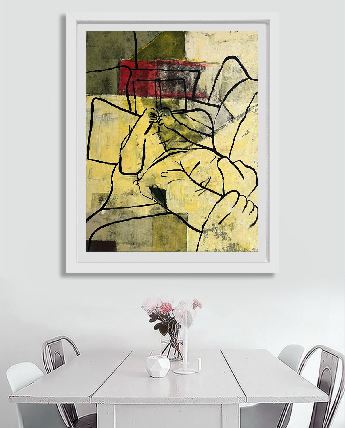 Abstract artwork of a person reading a book, outlined in black, with a background of green, yellow, white, and red geometric shapes.