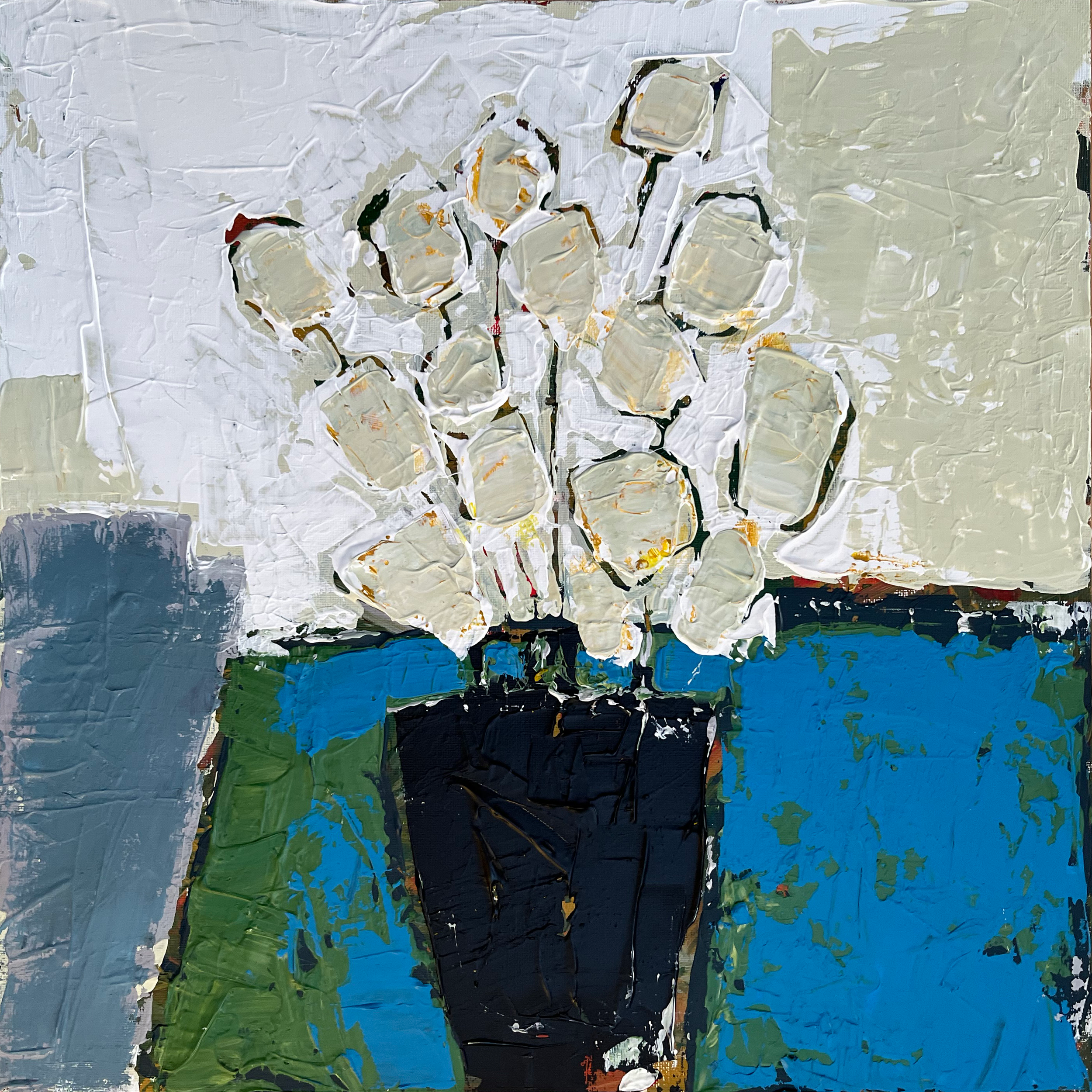 A colorful abstract painting featuring large white flowers with black outlines and green leaves, against a background of blue, gray, and beige brushstrokes.