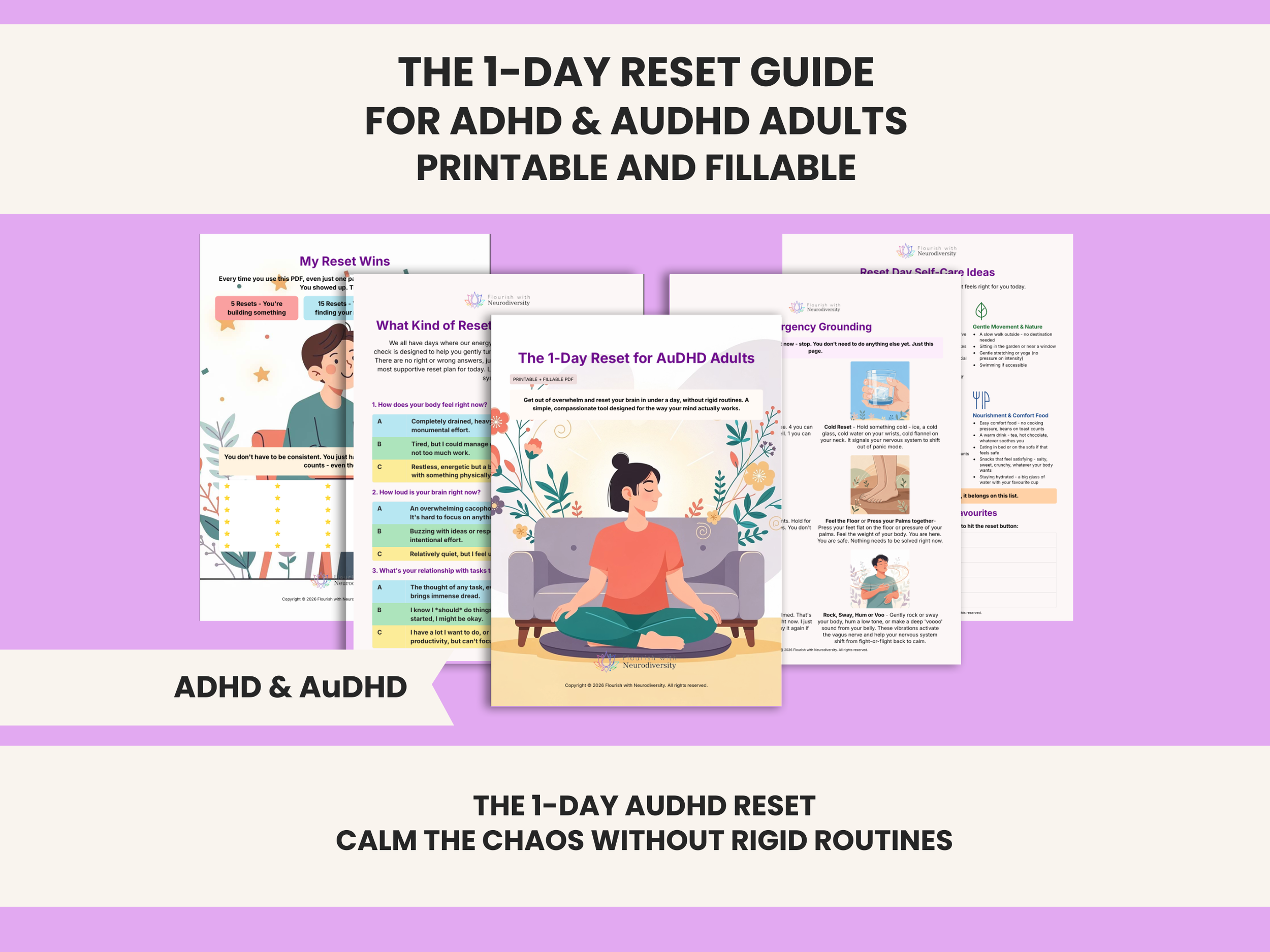 The 1-Day Reset Overwhelm Recovery Guide for Neurodivergent Adults - Printable and Fillable.