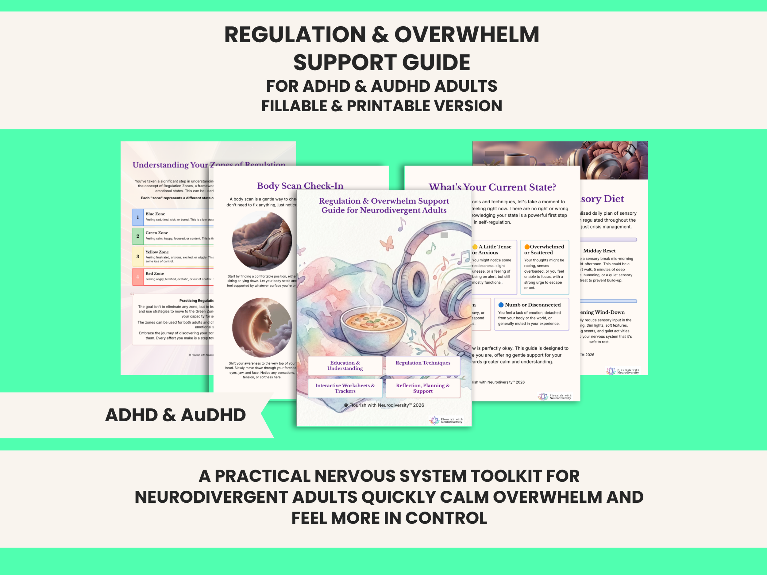 Regulation and Overwhelm Support Toolkit and Workbook for ADHD and AuDHD adults - Fillable and Printable