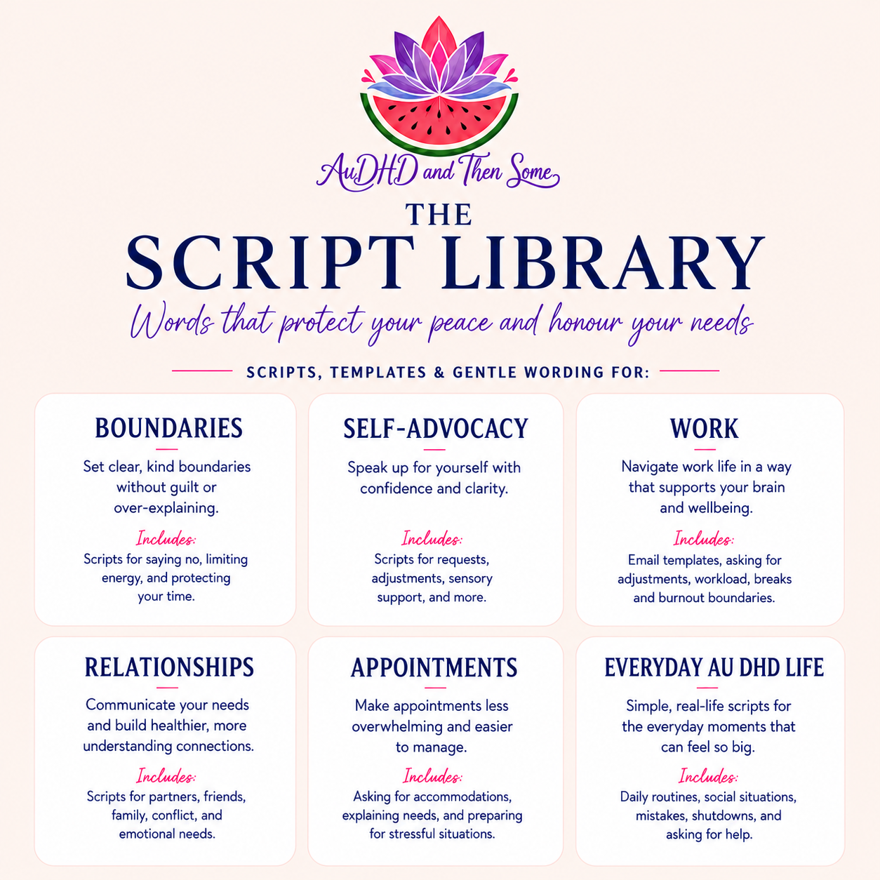 The Script Library, scripts and templates for boundaries, self-advocacy, and work for AuDHD adults