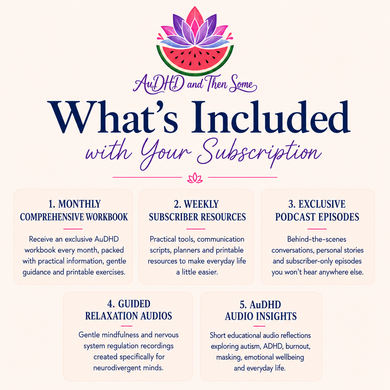 What's included with your AuDHD and Then Some subscription: monthly workbook, weekly resources, exclusive podcast episodes, guided relaxation audios, and AuDHD audio insights