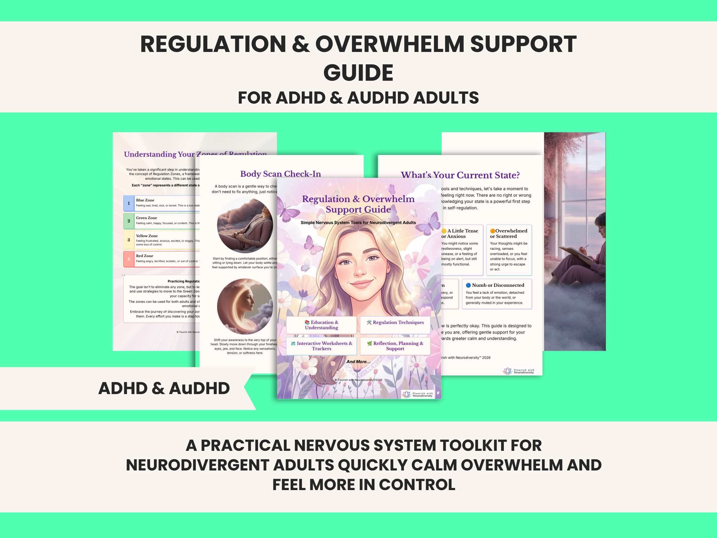 Regulation, Overwhelm and Burnout Support Toolkit, AuDHD Workbook, AuDHD Guide for Neurodivergent Adults.