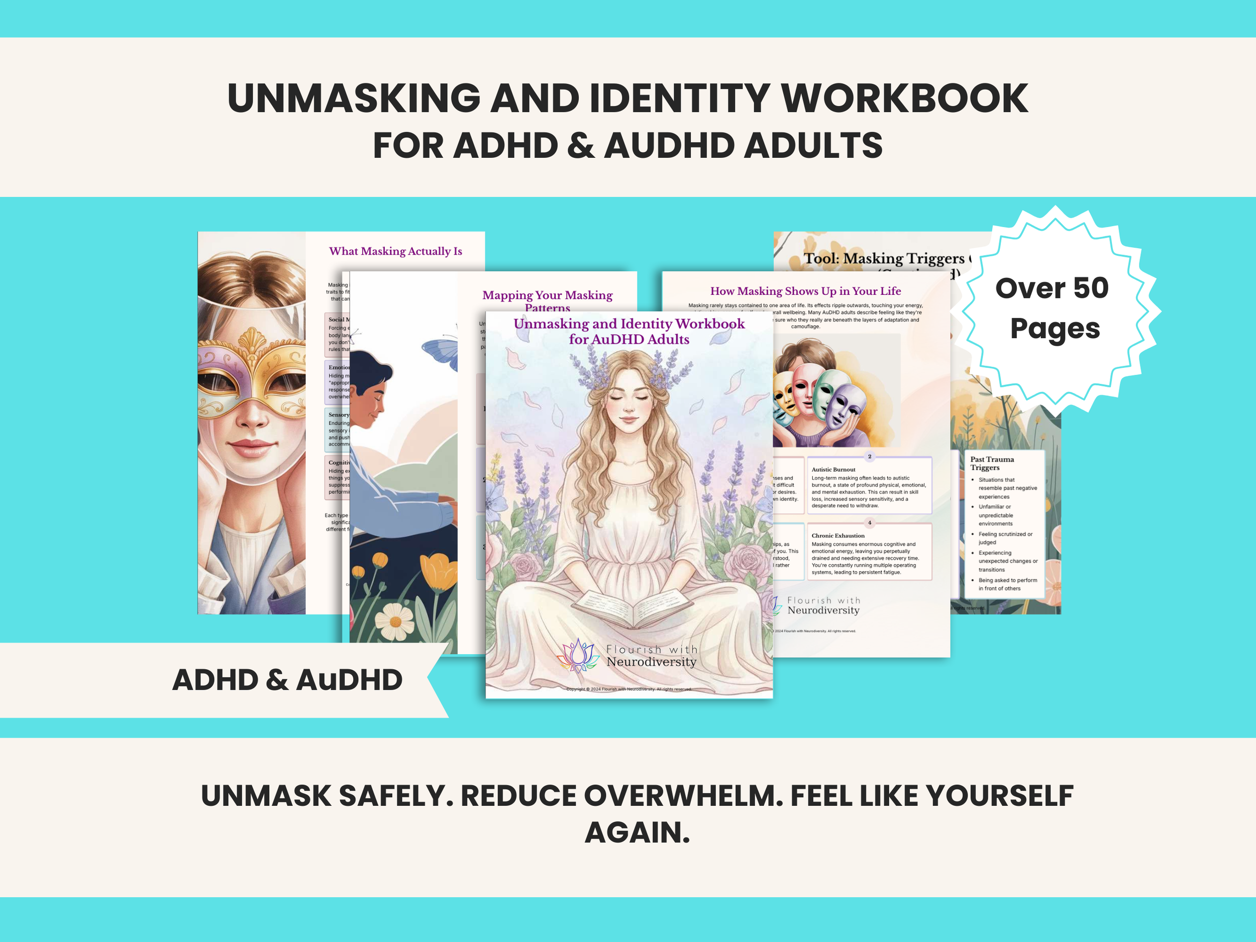 Unmasking and Identity, for Neurodivergent People, AuDHD ADHD Workbook and Guide for Adults, With Printable Work Sheets