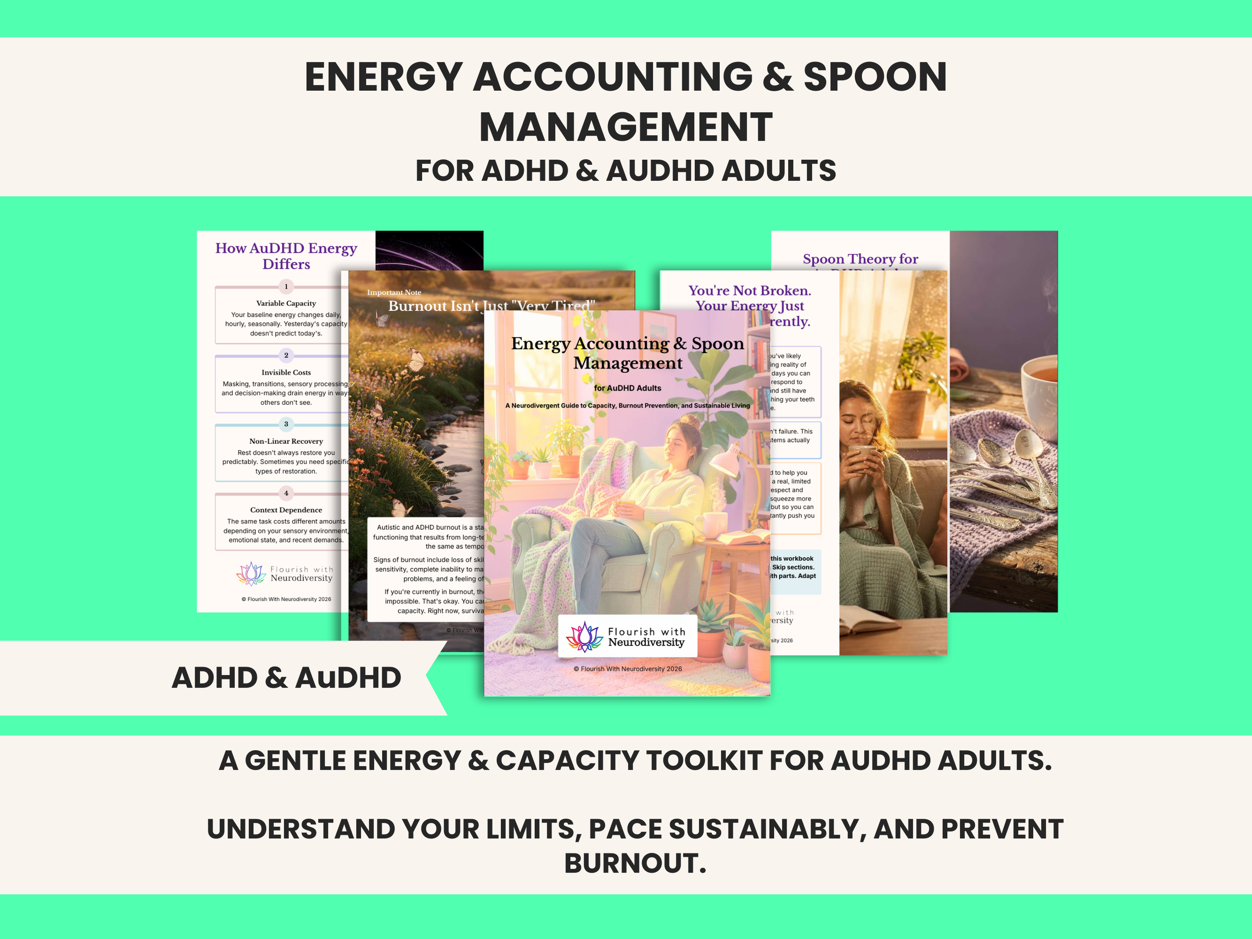 Energy Accounting, Spoon Management, with printable worksheets, AuDHD, ADHD, autistic Adults, Neurodivergent Guide book