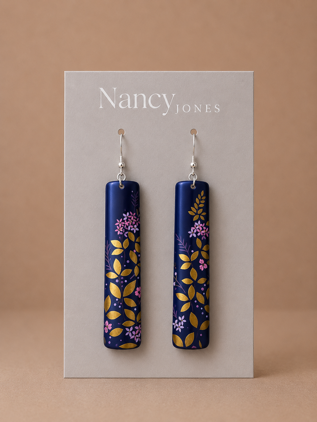 Long Navy Gold Floral Earrings