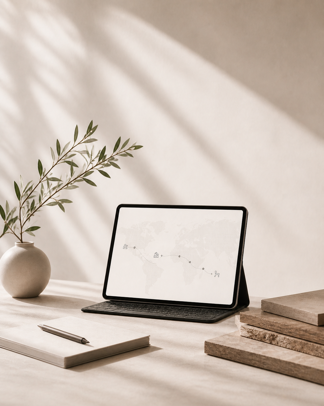 A tablet with a keyboard displays a world map with a route marked on it, set on a desk alongside a notepad with a pen, a stack of wooden boards, and a potted plant, with sunlight casting shadows on the beige background.