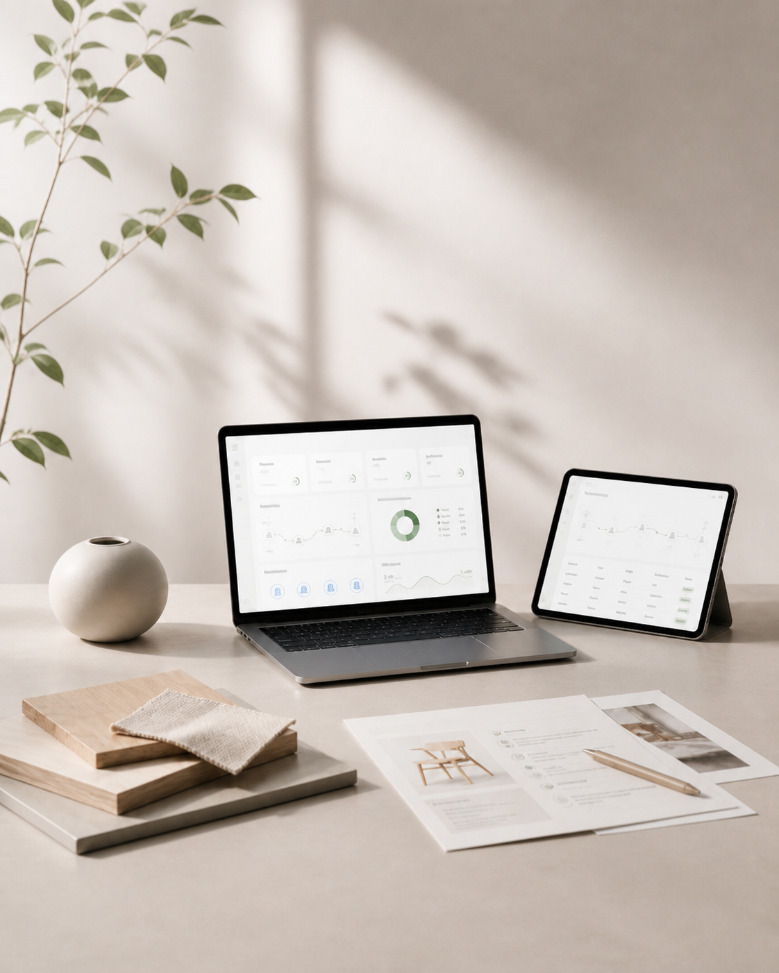 A desk setup with a potted plant, a closed book with a cloth on top, a sheet of paper, a pen, a laptop displaying charts, and a tablet showing data, all on a light-colored table in a bright room with a shadow of a plant on the wall.
