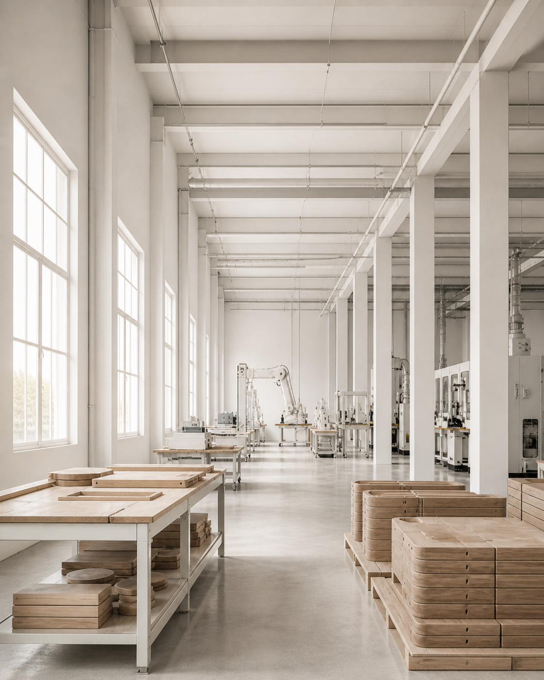 A spacious, well-lit woodworking workshop with large windows, workbenches, and woodworking machinery.