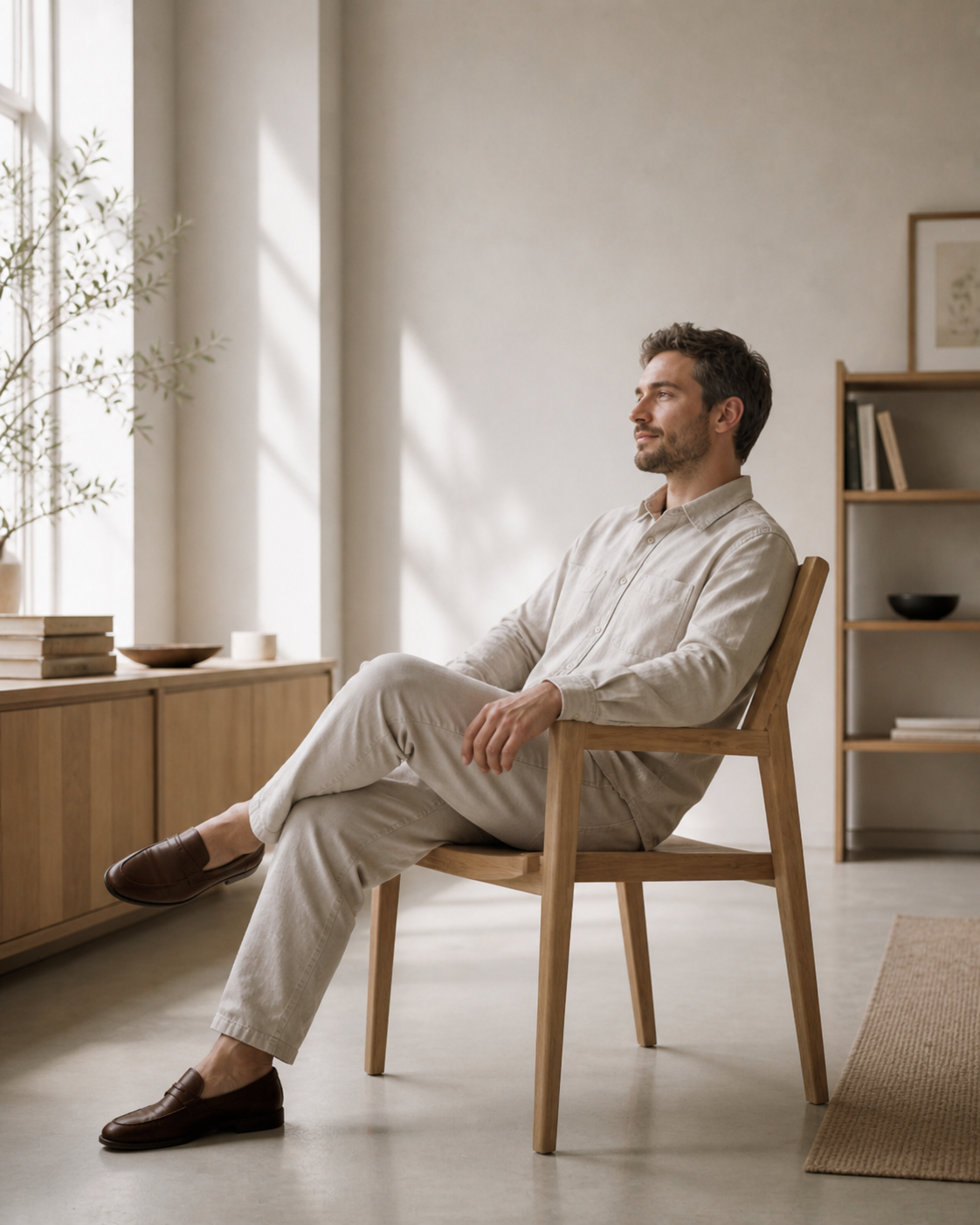 A man sitting on a wooden chair in a bright, minimalistic room with natural light, a bookshelf behind him, and a wooden sideboard with books and decorative items.