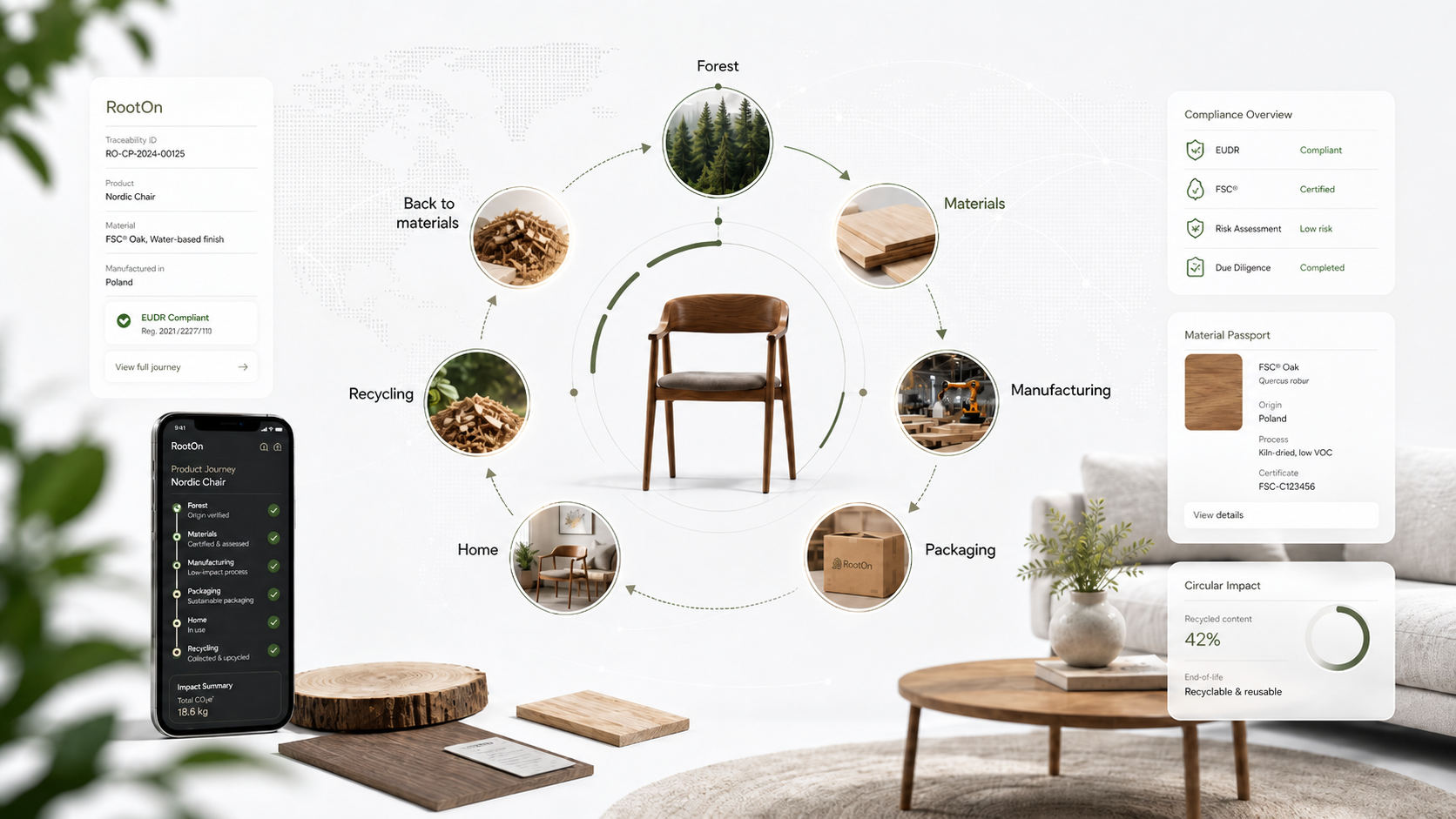 A digital infographic detailing the lifecycle of a Nordic chair made from FSC oak wood, including stages like forest harvesting, manufacturing, packaging, home use, recycling, and back to materials, with various compliance and environmental impact details.