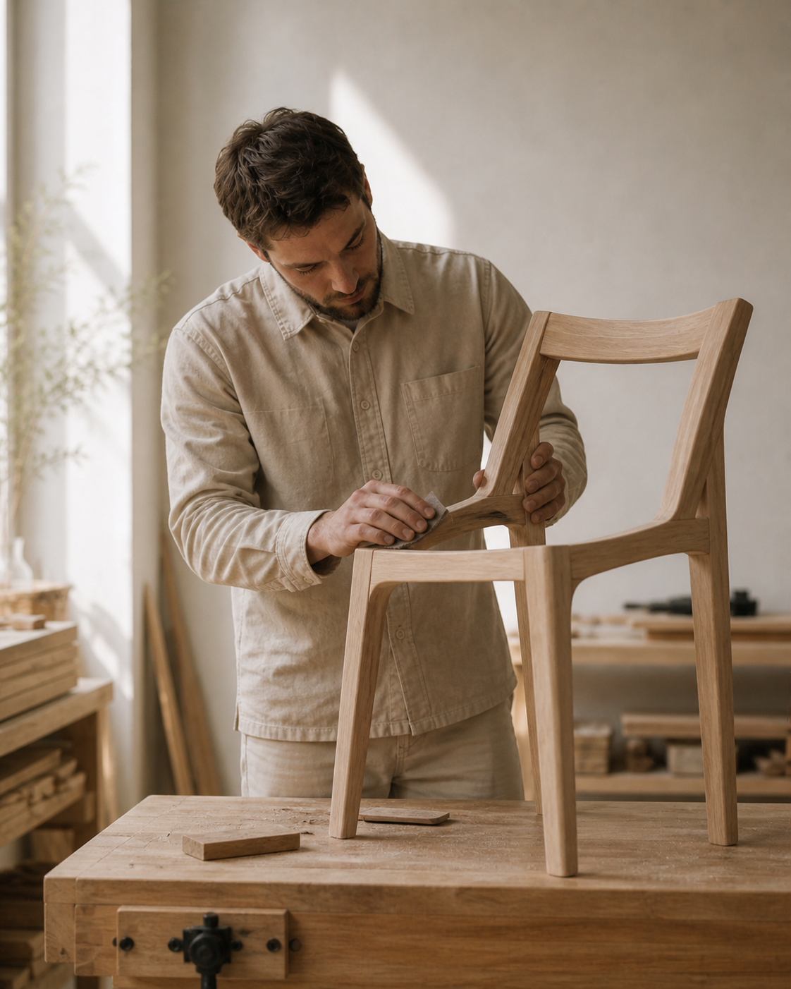 Man sanding a wooden chair in a woodworking shop.