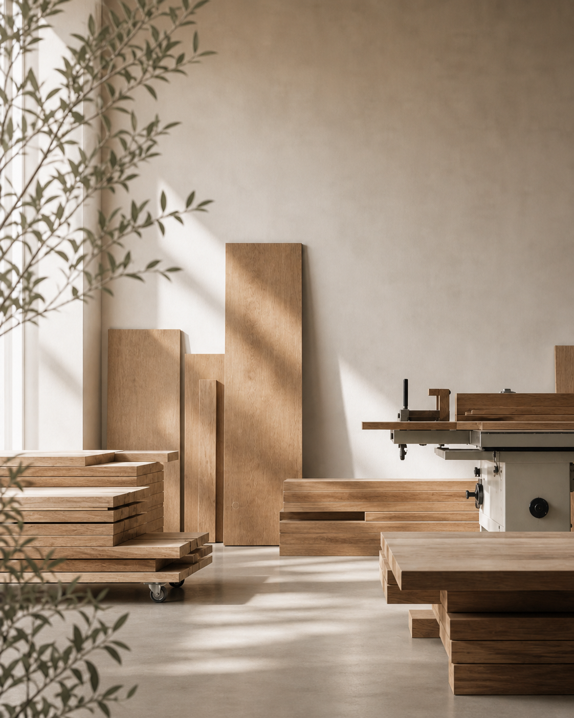 A room with various stacks of wooden boards and a cutting saw, with sunlight casting shadows on the wall and floor, and a plant in the foreground.