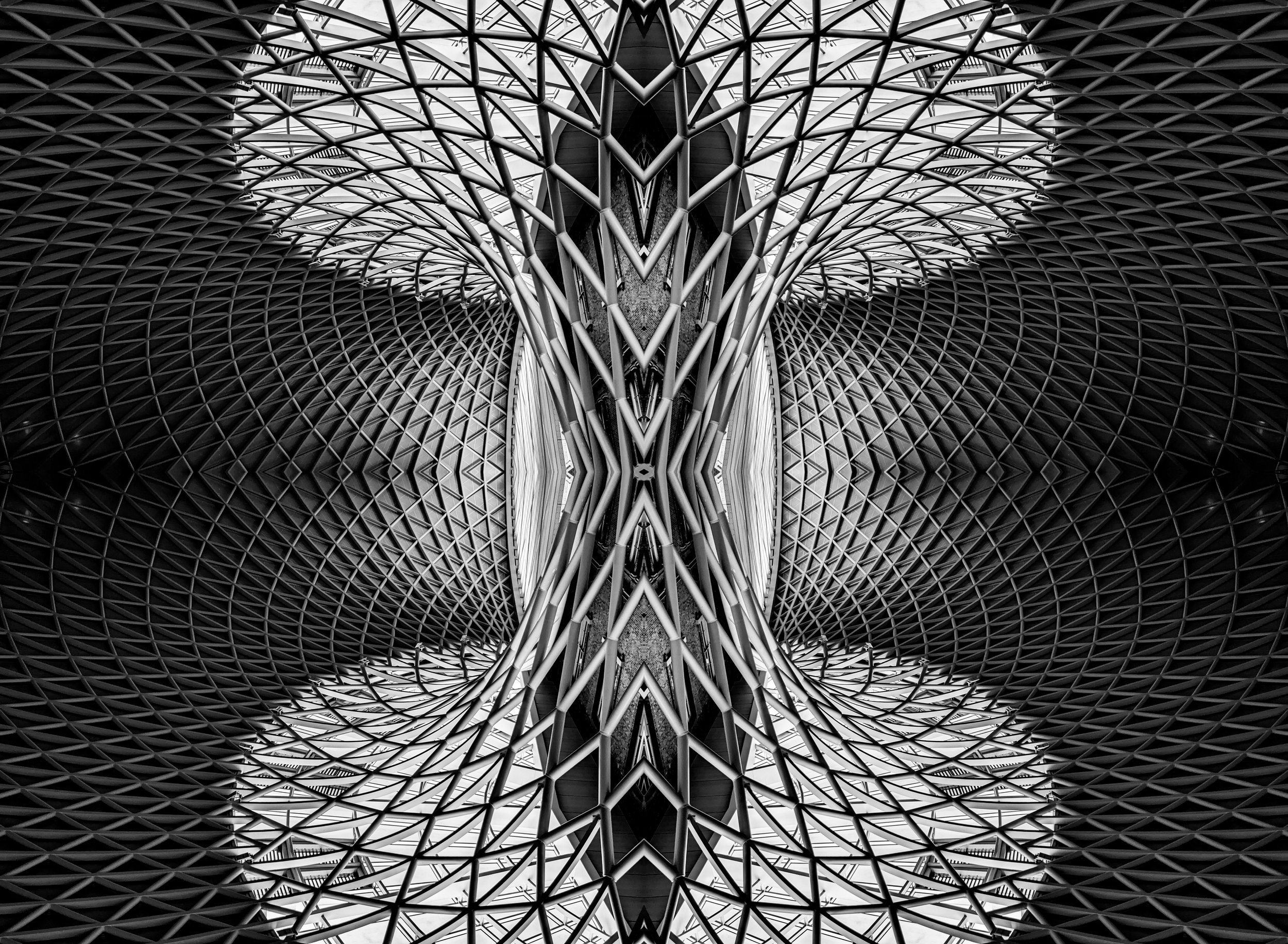 Black and white photo of an intricate architectural ceiling with a geometric lattice pattern and metal beams.