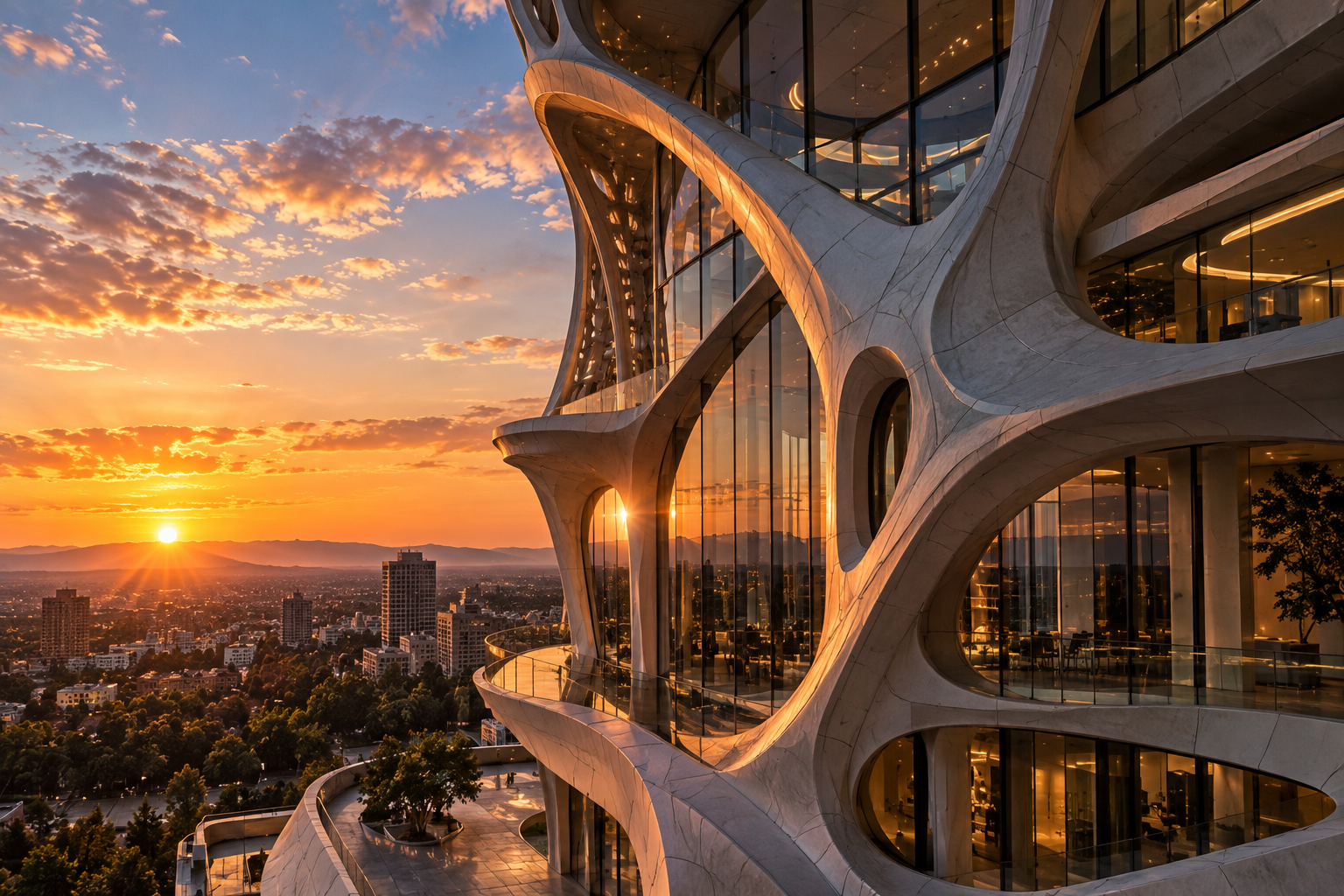 Architectural structure overlooking a city at sunset